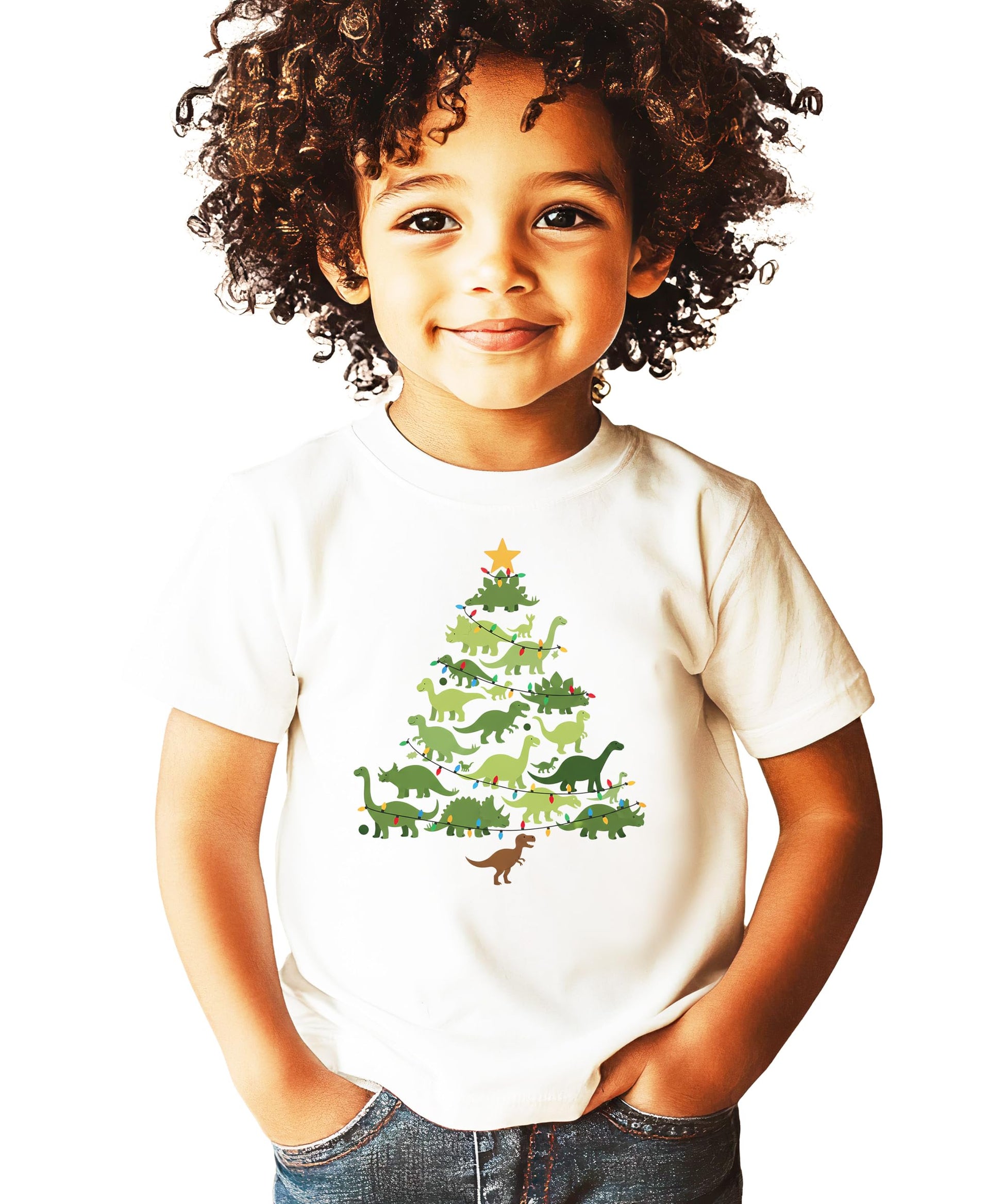 Close-up detail of dinosaur Christmas tree design with colorful lights on natural shirt fabric