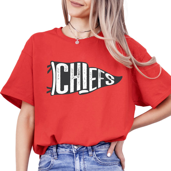 Close-up of Chiefs vintage flag graphic print on green unisex t-shirt showing print detail
