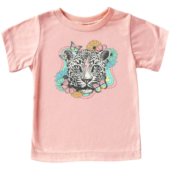 Flat lay of peach girls leopard floral graphic tee showing full front design