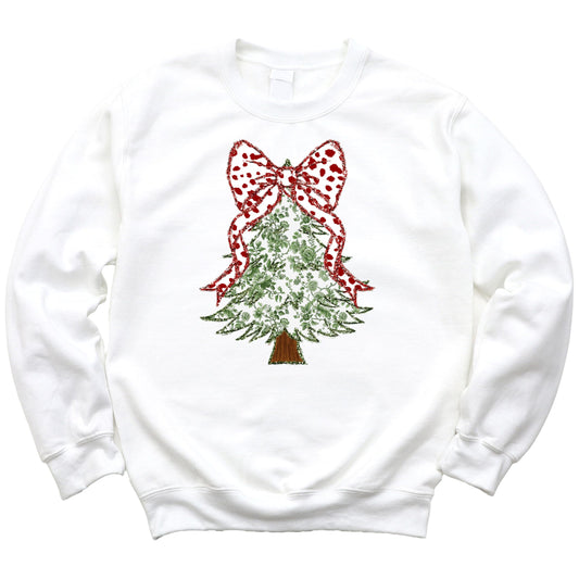 Floral Christmas Tree with Red Dot Holiday Bow Topper Sweatshirt for Women Teens and Girls