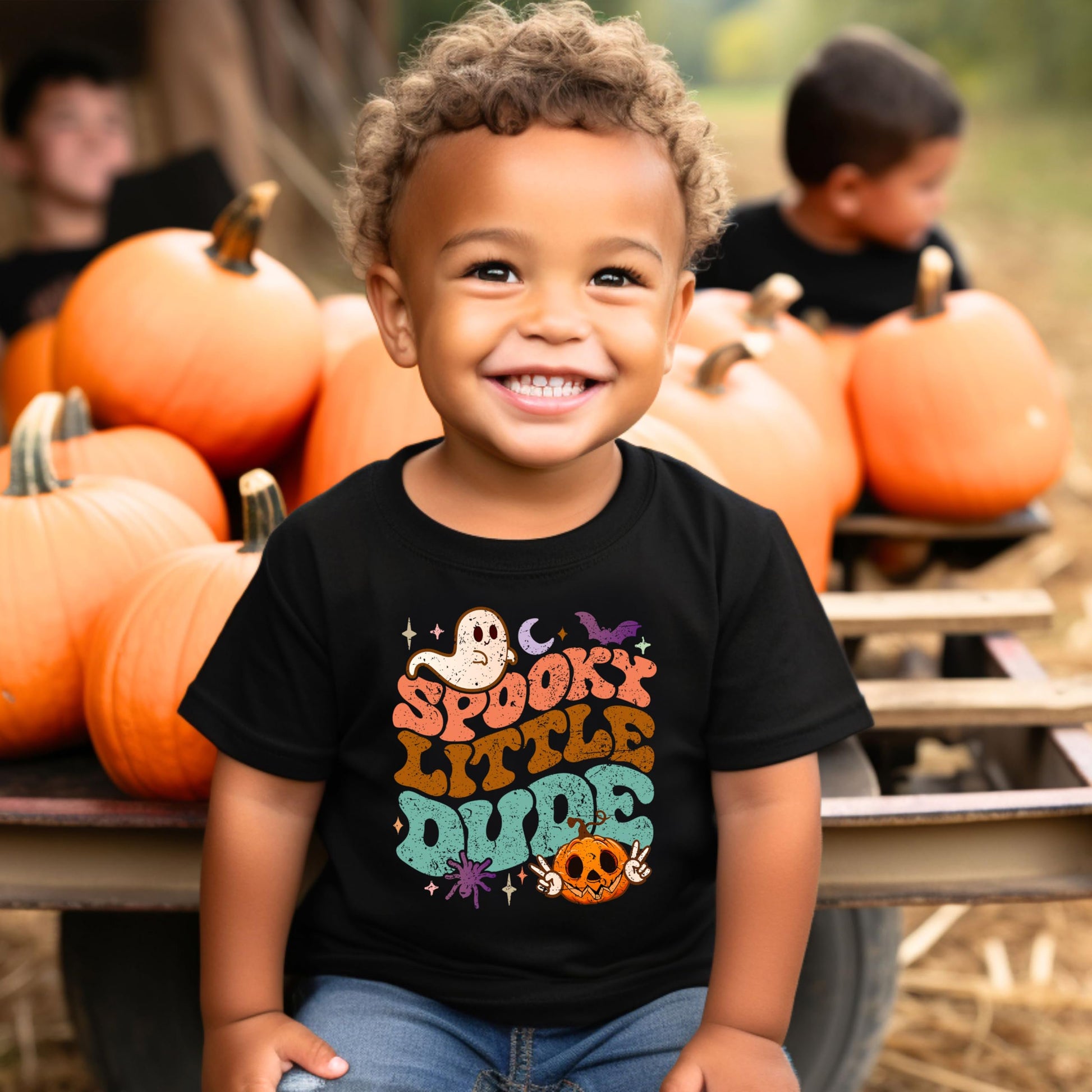 Detail shot of professional print on Spooky Little Dude Halloween tee for kids