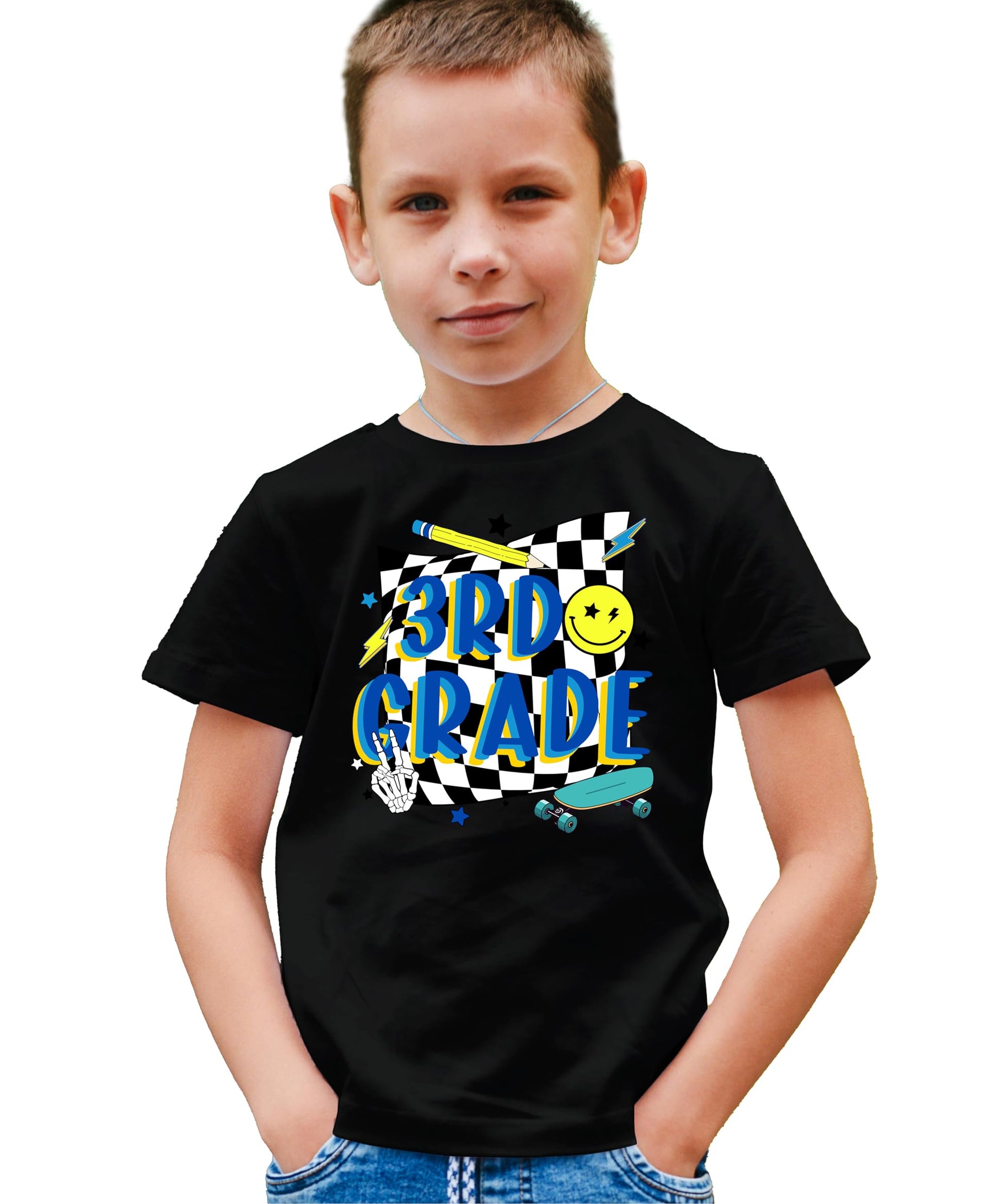 Close-up of retro skateboard graphic print on boys' 3rd grade school shirt