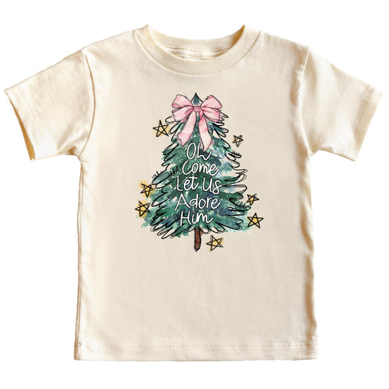 Lifestyle photo of Oh Come Let Us Adore Him Christmas tree shirt worn by model
