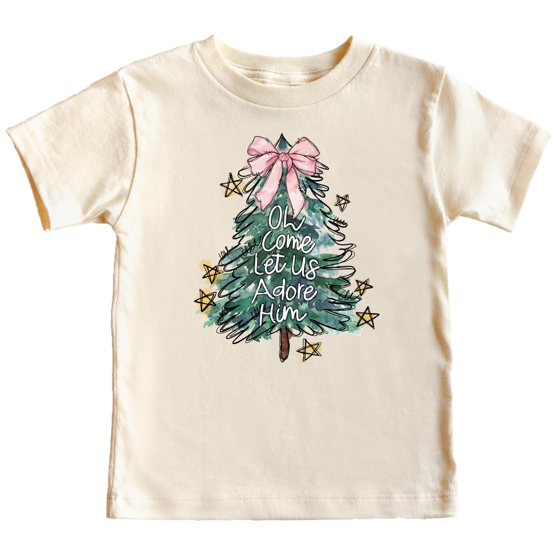 Lifestyle photo of Oh Come Let Us Adore Him Christmas tree shirt worn by model