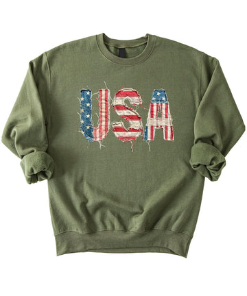 Ink-Printed USA Distressed Flag Sweatshirt for Women Kids July 4th Family Matching Crewneck White Sweatshirt Youth XS