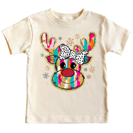 Front view of kids' holiday reindeer graphic tee in pink with sparkly faux glitter print detail