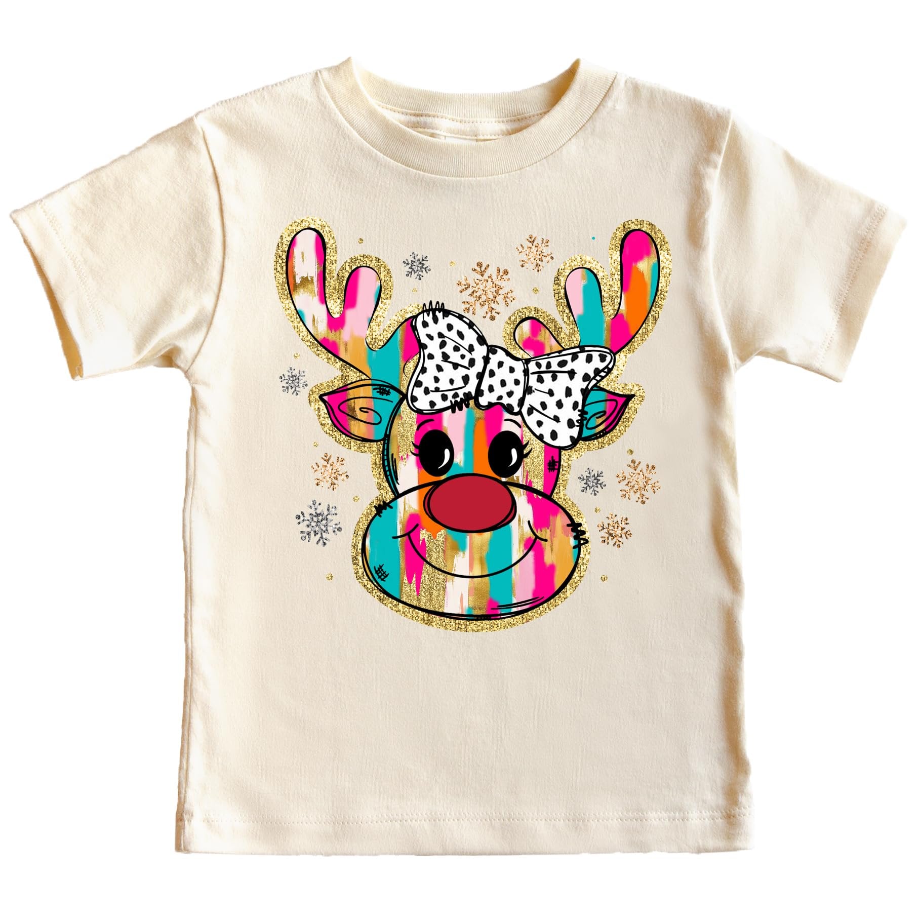 Front view of kids' holiday reindeer graphic tee in pink with sparkly faux glitter print detail
