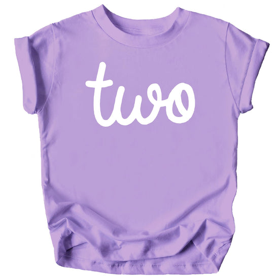 Purple girls 2nd birthday shirt laid flat showing full front cursive Two design