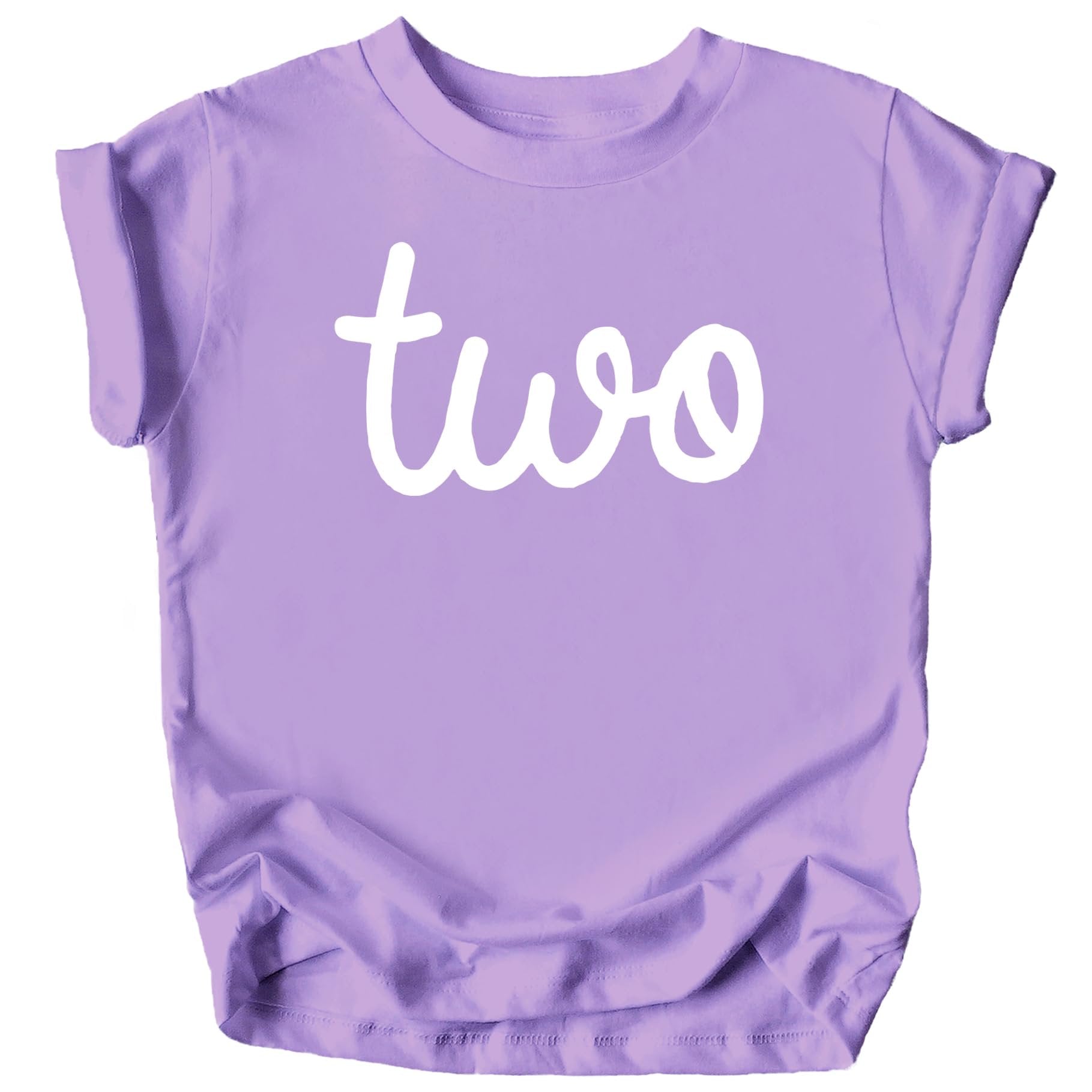 Purple girls 2nd birthday shirt laid flat showing full front cursive Two design