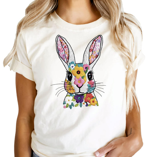 Spring Easter bunny shirt with colorful floral embroidery design on soft fabric