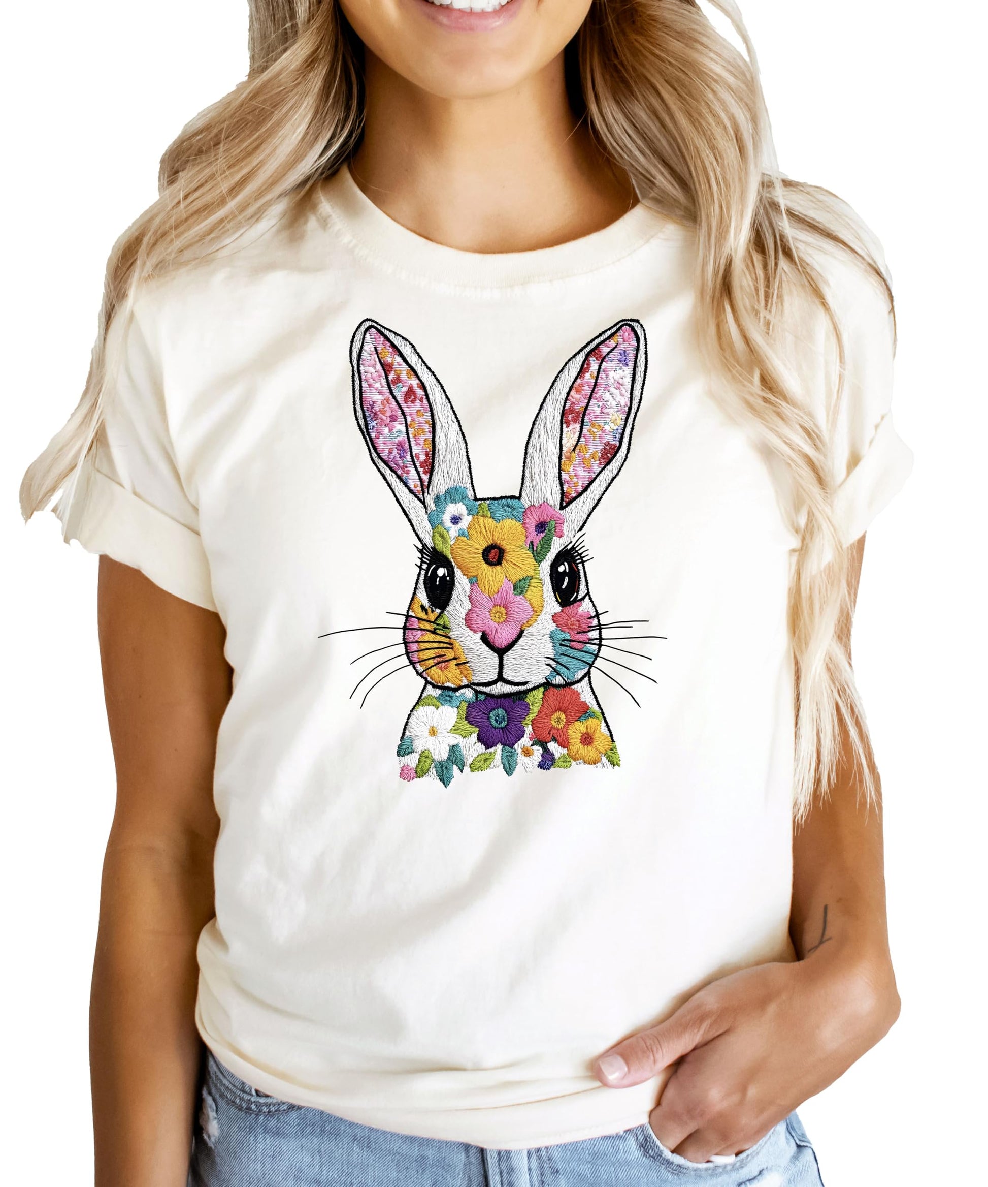 Spring Easter bunny shirt with colorful floral embroidery design on soft fabric