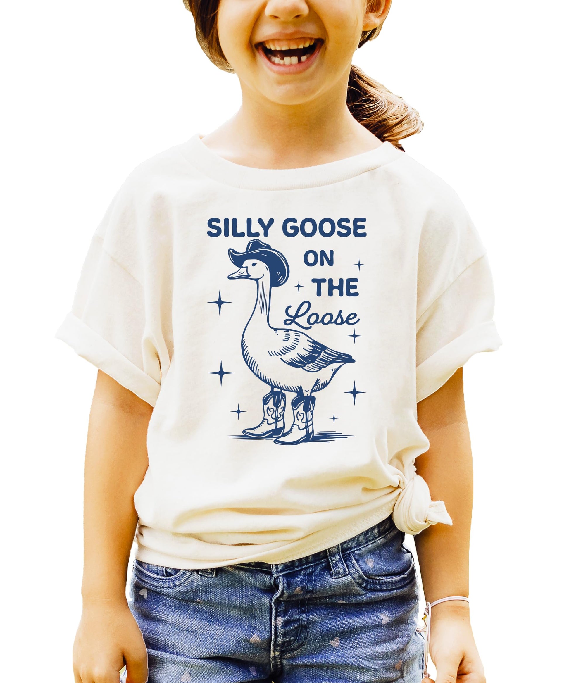 Silly Goose on the Loose kids t-shirt with cowboy goose graphic design in natural color