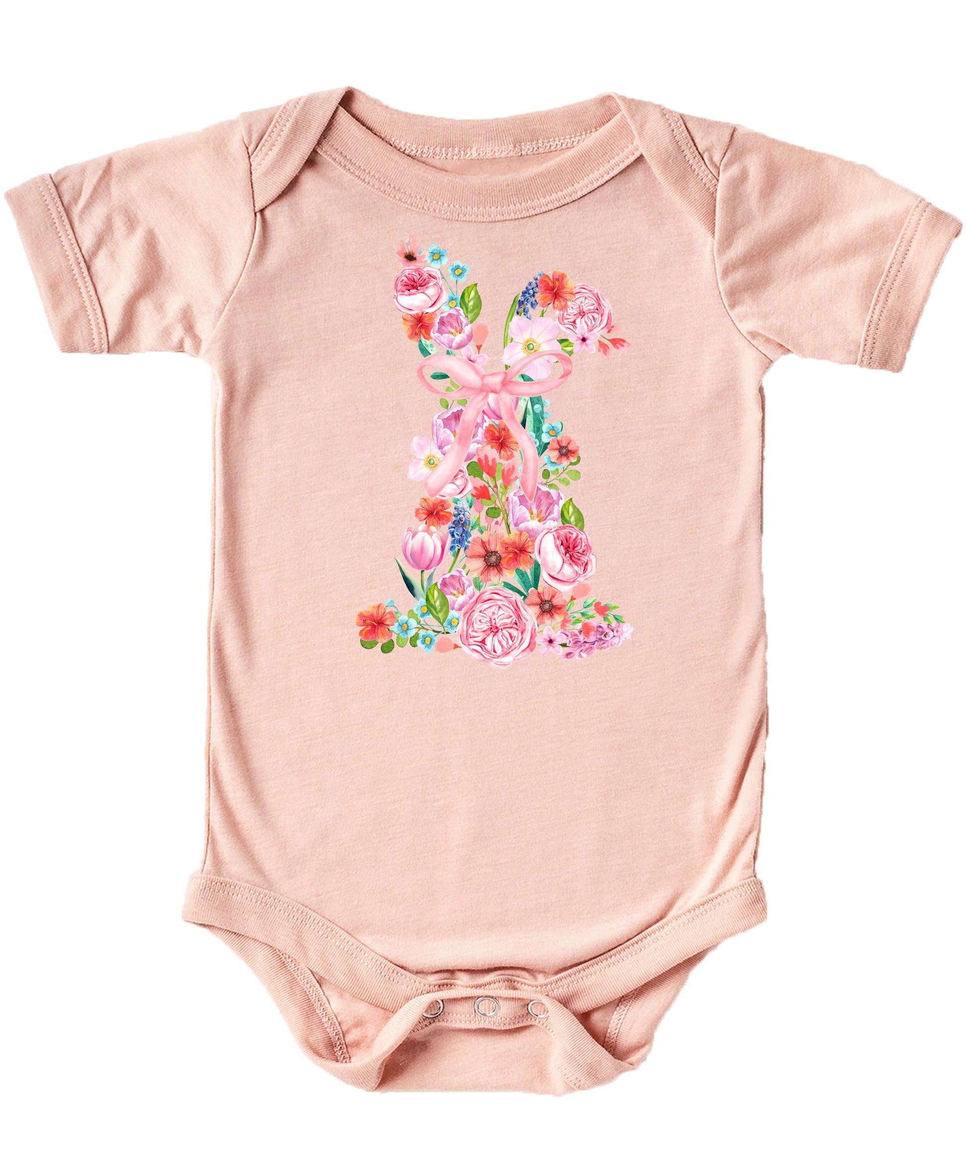 Close-up of watercolor rabbit and floral print on natural white baby bodysuit