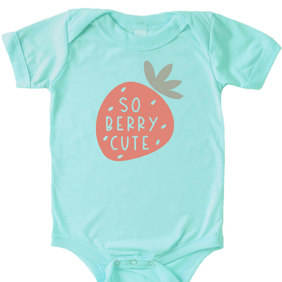 So Berry Cute white strawberry graphic on military green infant bodysuit by Olive Loves Apple