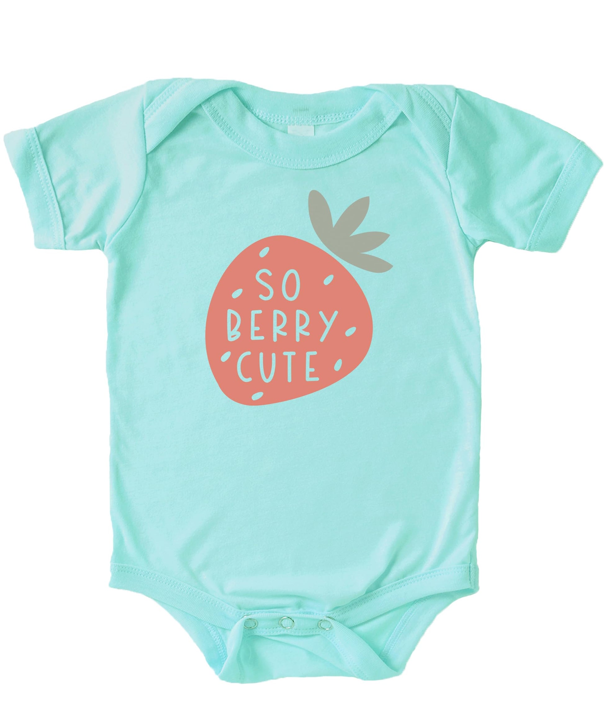 So Berry Cute white strawberry graphic on military green infant bodysuit by Olive Loves Apple