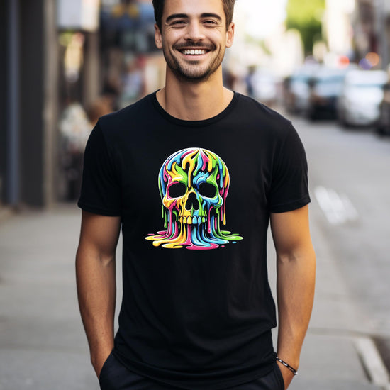 Front view of neon dripping skeleton graphic tee on black shirt for men