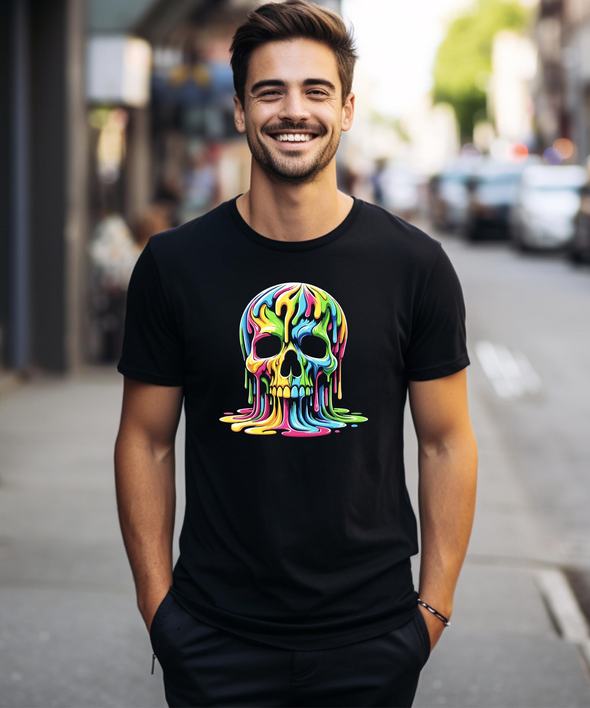 Front view of neon dripping skeleton graphic tee on black shirt for men