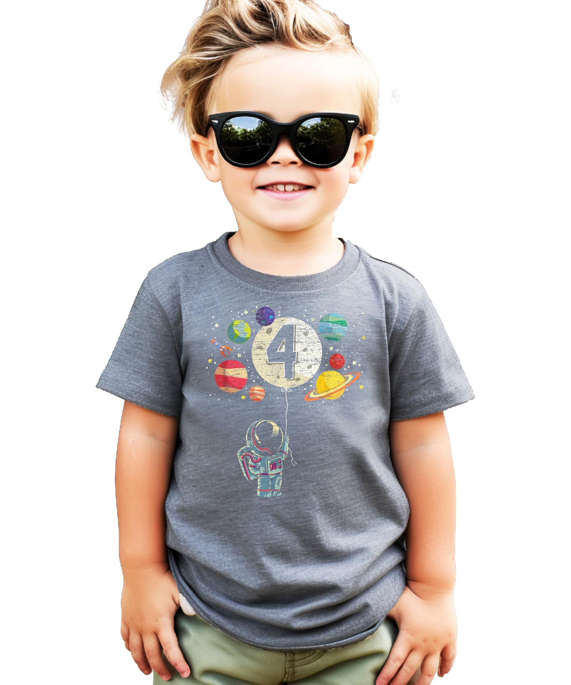 Child wearing black space-themed 4th birthday astronaut shirt with moon balloon design