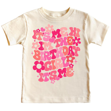 Girl's groovy floral It's Me Hi It's My Birthday graphic tee in peach
