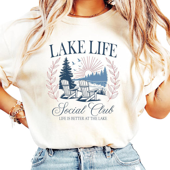 Flat lay of Lake Life Social Club women's graphic tee showing full design and shirt silhouette
