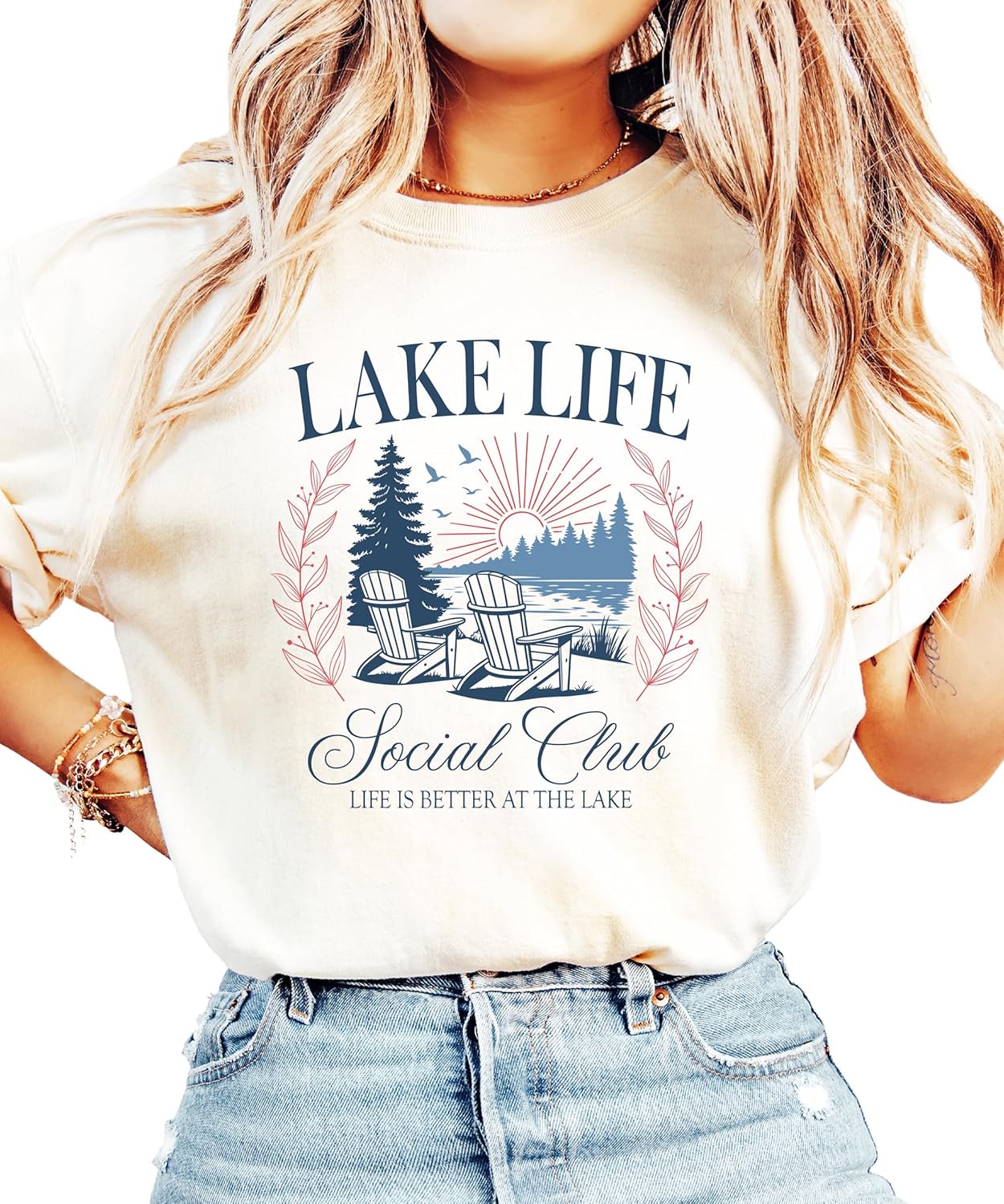 Flat lay of Lake Life Social Club women's graphic tee showing full design and shirt silhouette
