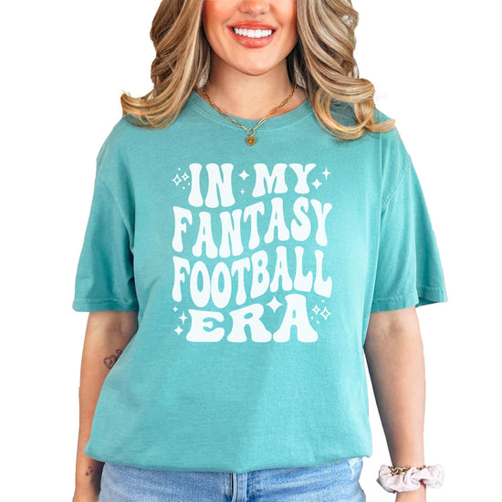Front view of In My Fantasy Football Era funny sports graphic t-shirt in seafoam