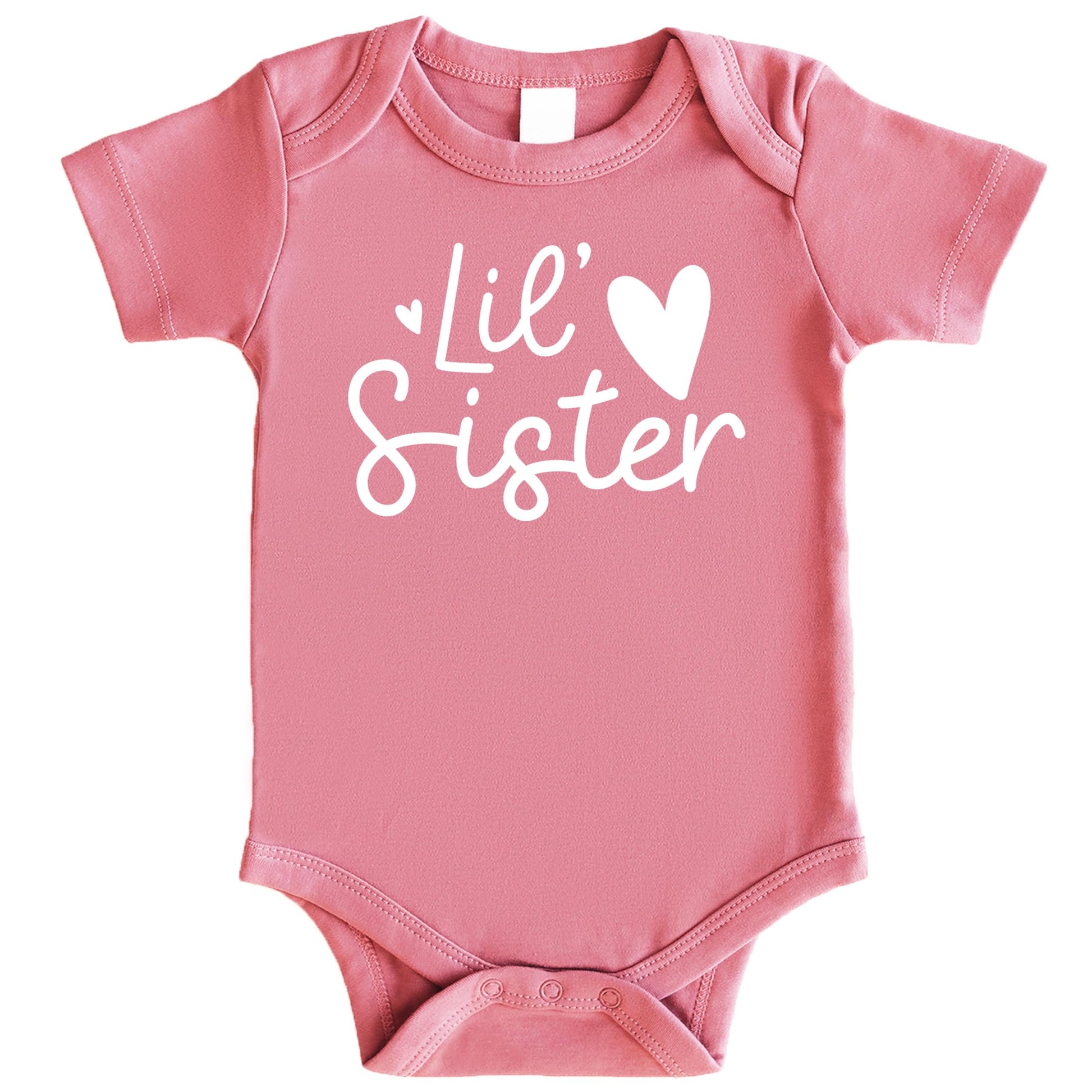 Baby girl wearing white-on-mauve Lil Sister Heart Bodysuit, front view