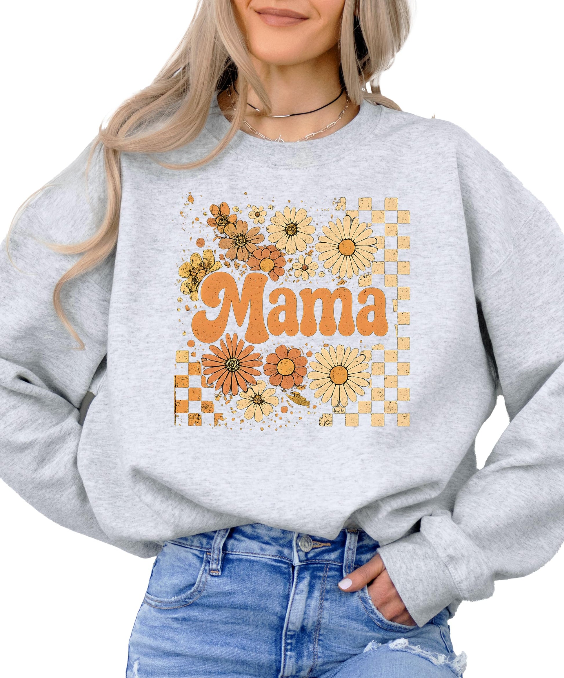 Detail shot of retro floral checkered mama print on cozy black crewneck sweatshirt