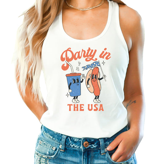 Retro 4th of July Cartoon Hot Dog and Drink Tank Top for Women and Teens Patriotic Shirt