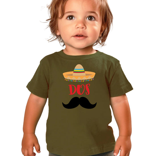 Close-up of bold fiesta and mustache graphic on toddler birthday tee