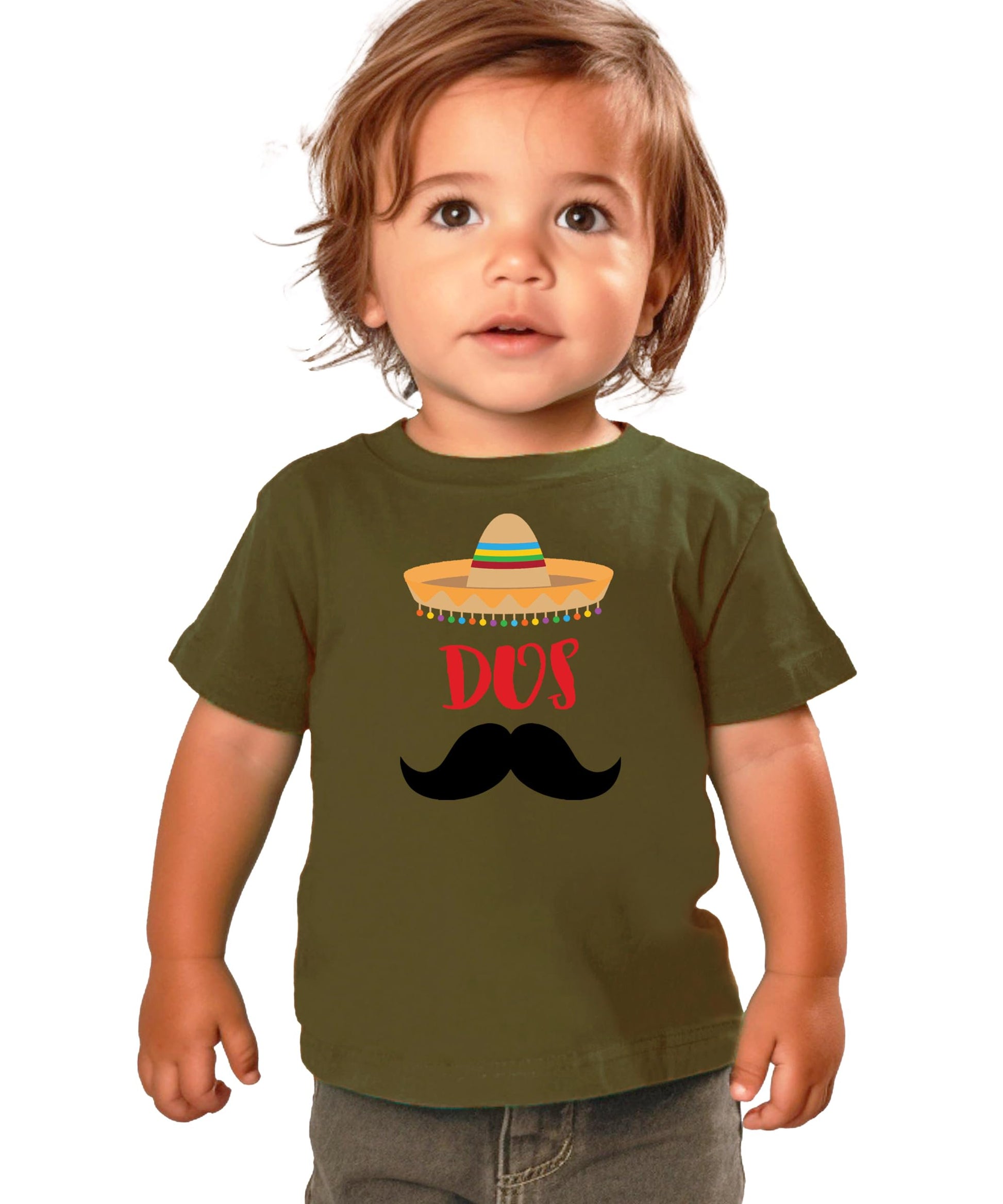 Close-up of bold fiesta and mustache graphic on toddler birthday tee