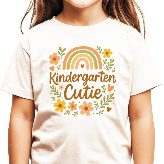 Girls' Kindergarten Cutie natural cotton tee with boho earth-tone rainbow and daisy floral graphic