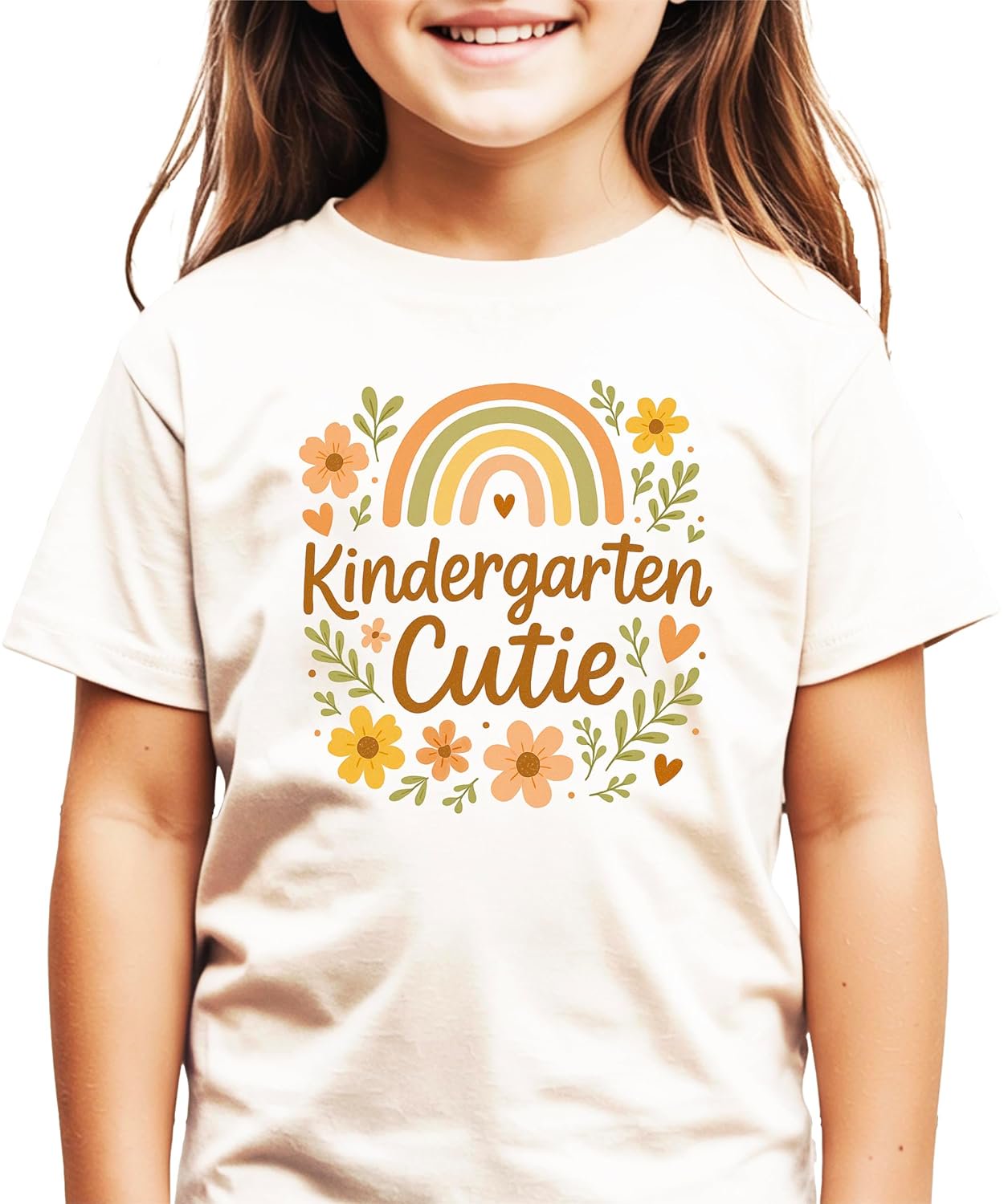 Girls' Kindergarten Cutie natural cotton tee with boho earth-tone rainbow and daisy floral graphic