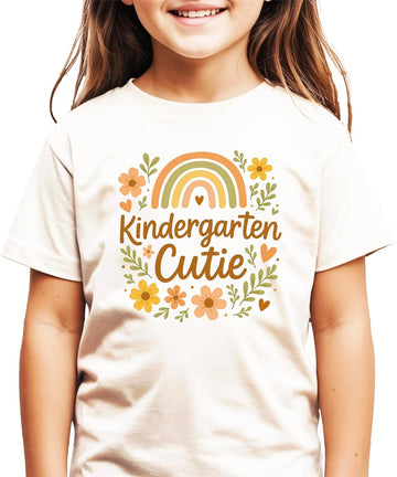 Girls' Kindergarten Cutie natural cotton tee with boho earth-tone rainbow and daisy floral graphic