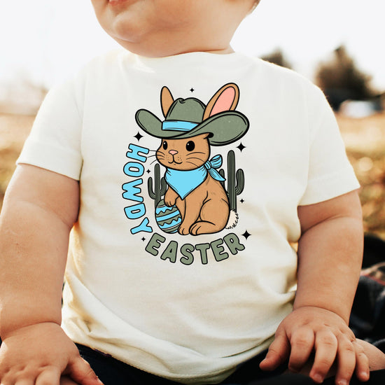 Full front view of boys Howdy Easter graphic shirt with desert bunny and cactus design