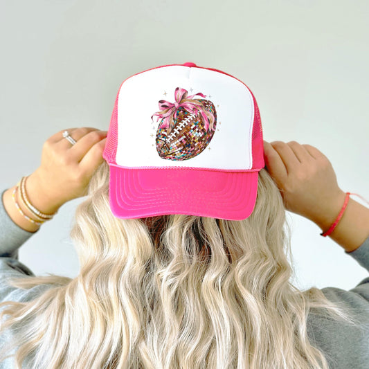 Disco Football Hat for Women and Teens Coquette Bow Game Day Classic 5 Panel Mesh Snap Back