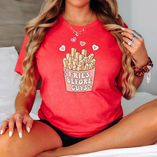 Lifestyle photo of Fries Before Guys funny Valentine's Day graphic tee by Olive Loves Apple