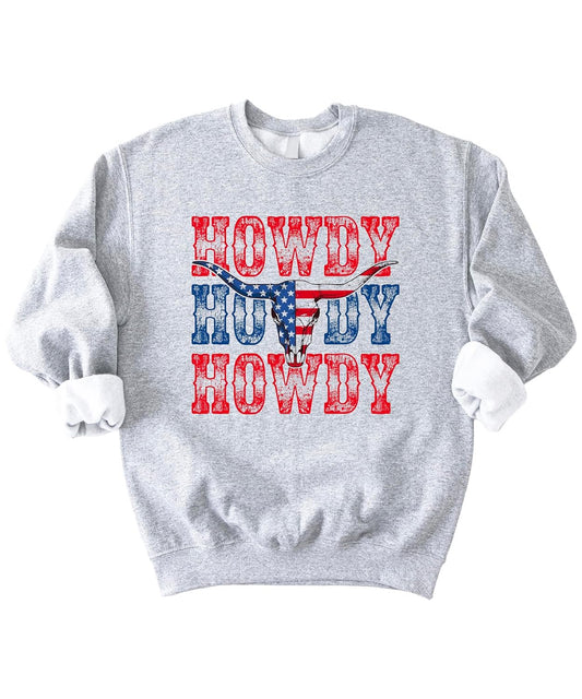 White crewneck sweatshirt with Howdy bull skull American flag graphic in red, white, and blue