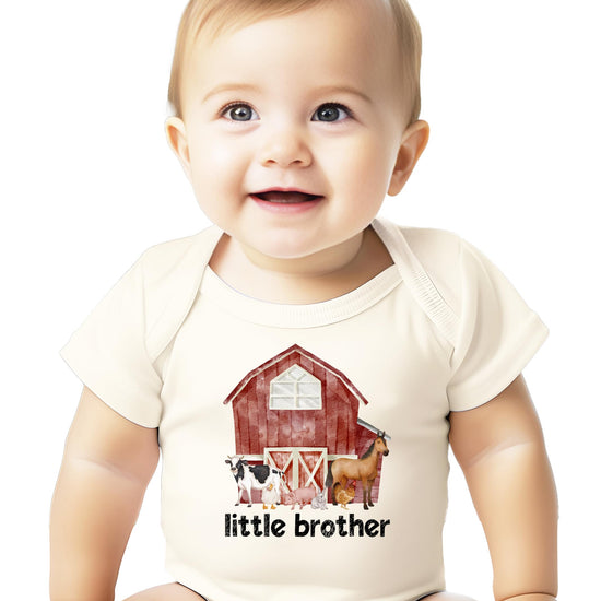 Newborn Little Brother barn farm animal bodysuit laid flat showing front graphic design