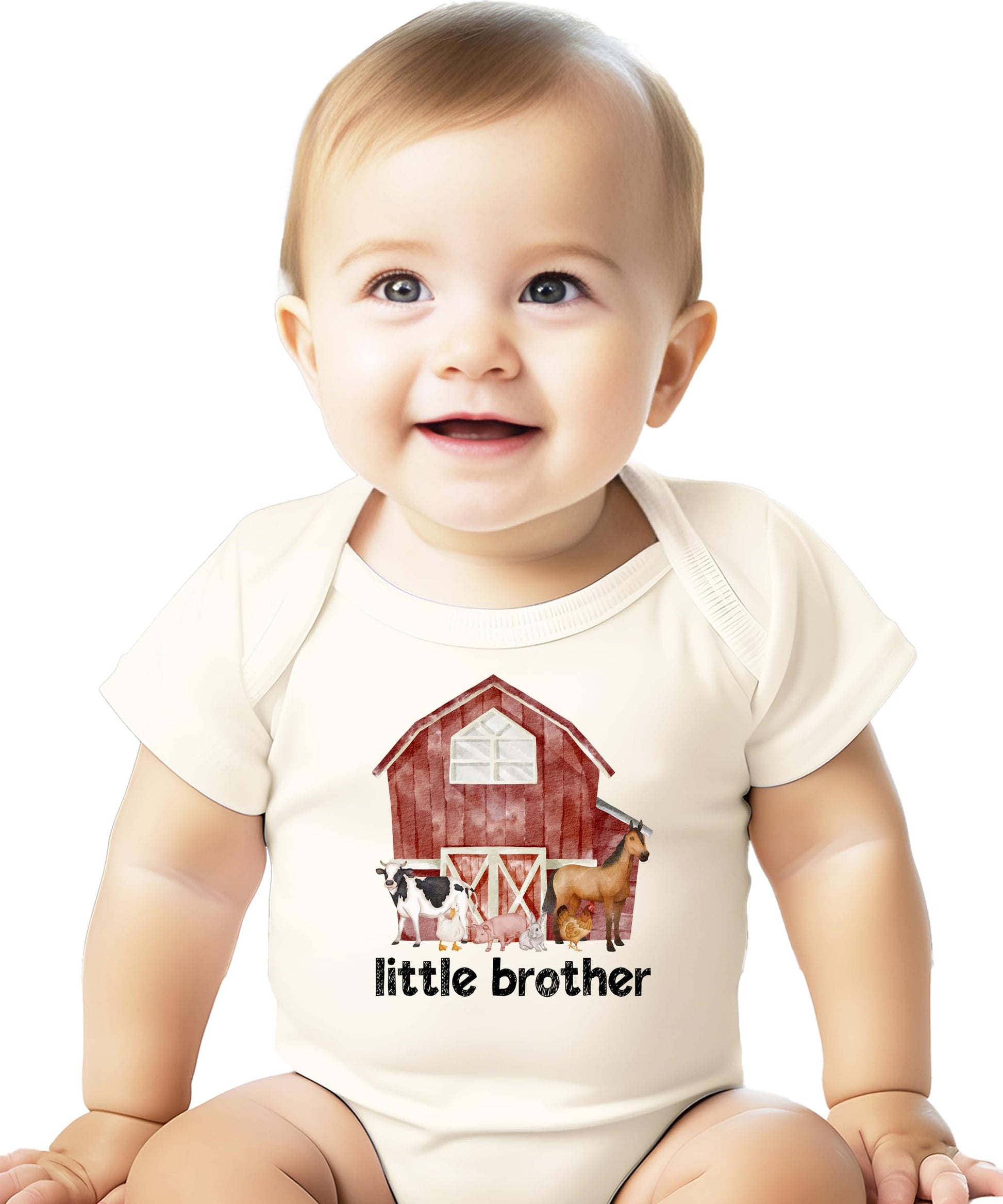 Newborn Little Brother barn farm animal bodysuit laid flat showing front graphic design