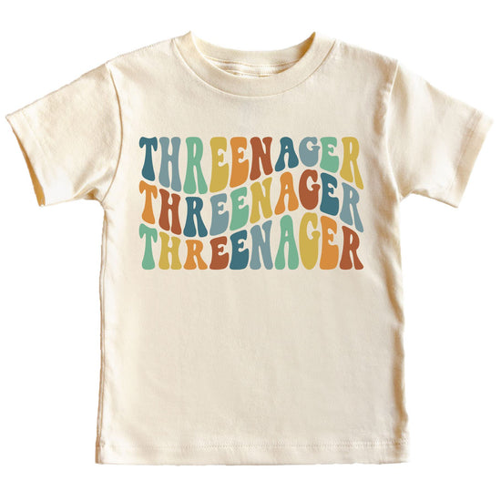 Flat lay of Threenager 3rd birthday toddler shirt showing full groovy graphic design