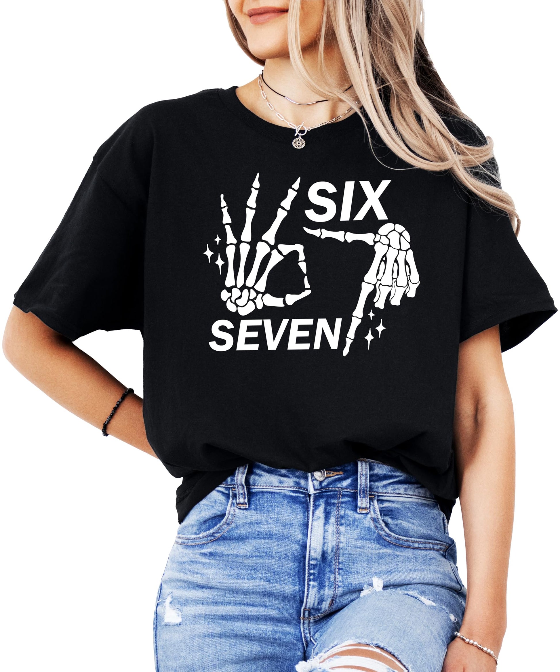 Six seven skeleton hand shirt flat lay showing full design and shirt silhouette