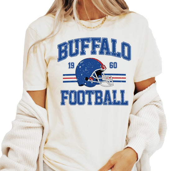 Buffalo 1960 football shirt laid flat displaying full vintage graphic design in team colors blue and red