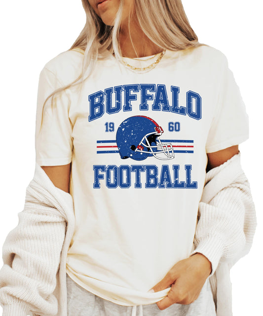 Buffalo 1960 football shirt laid flat displaying full vintage graphic design in team colors blue and red