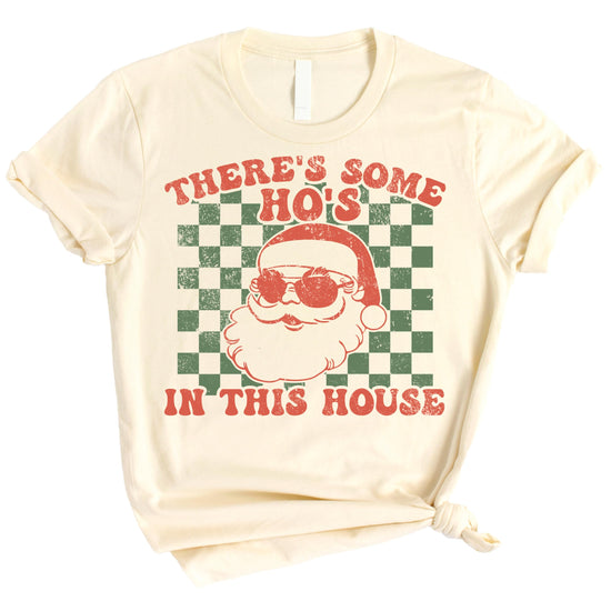 Detail shot of There's Some Ho's in This House Christmas tee print quality and fabric texture