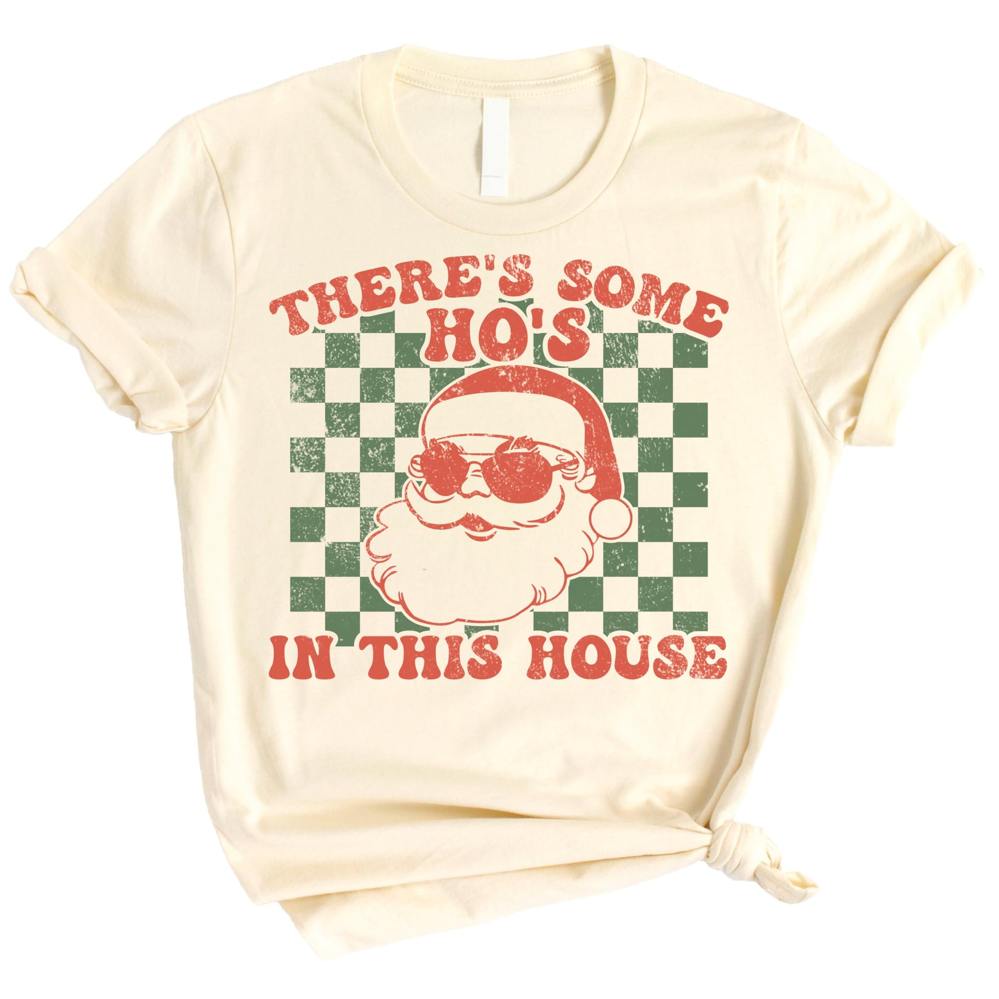 Detail shot of There's Some Ho's in This House Christmas tee print quality and fabric texture
