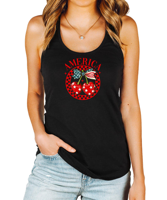 Olive Loves Apple America Cherry Tank Top for Women & Teens Cute Patriotic Cherries Tank