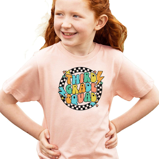Kids natural color t-shirt with bold retro lightning bolt 3rd Grade Squad first day of school graphic print
