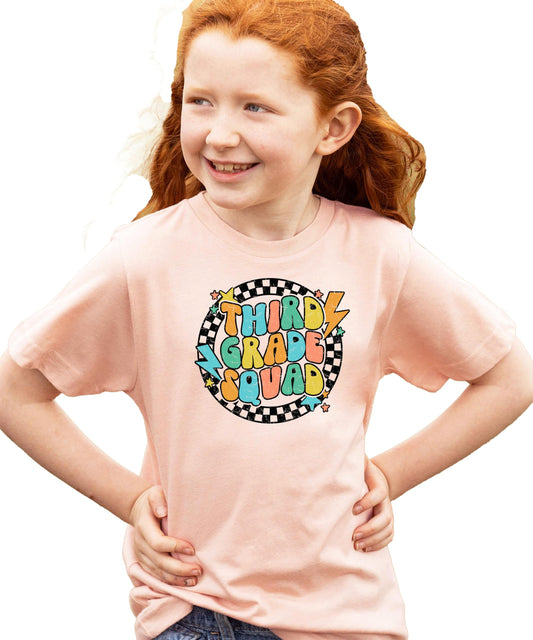 Kids natural color t-shirt with bold retro lightning bolt 3rd Grade Squad first day of school graphic print