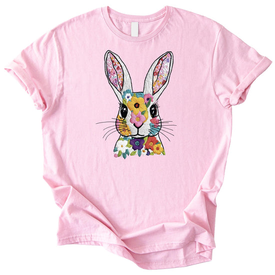 Easter bunny floral tee showing shirt details and pastel mauve color option
